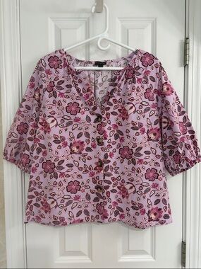 Ann Taylor Floral Cotton Blend Button-Front Top in Pink, Lavender and Brown